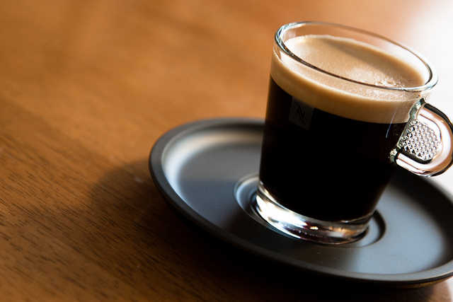 freshly made espresso in glass cup