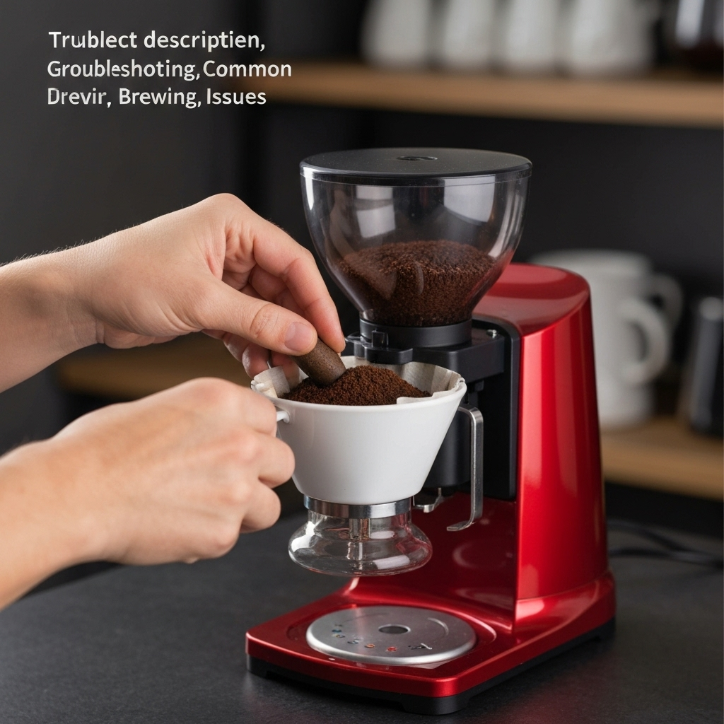 A close-up shot shows hands adjusting coffee grounds in a white filter basket within a red electric coffee grinder, h...