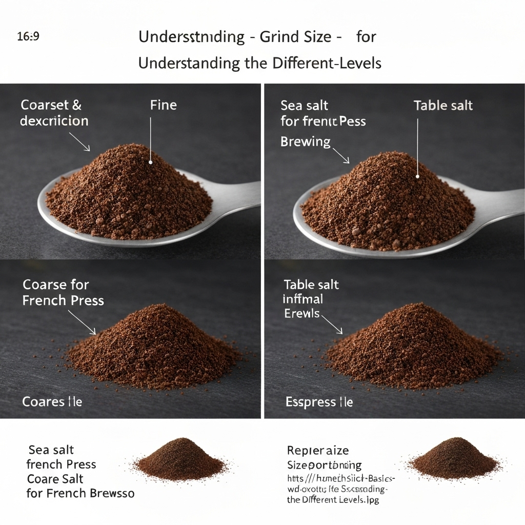 Photo illustrating a comparison of coffee grind sizes illustrating coarse and fine textures, including examples like...